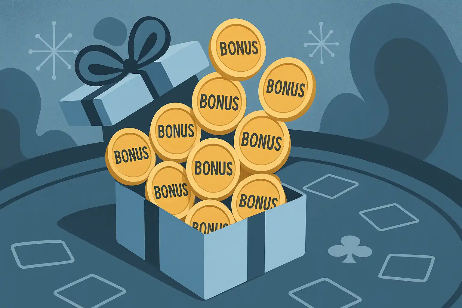 Stack of golden bonus coins and a gift box over a casino table
